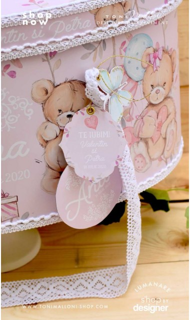 Trusou botez cu ursuleti roz si broderie personalizata Teddy Bear Pink 3